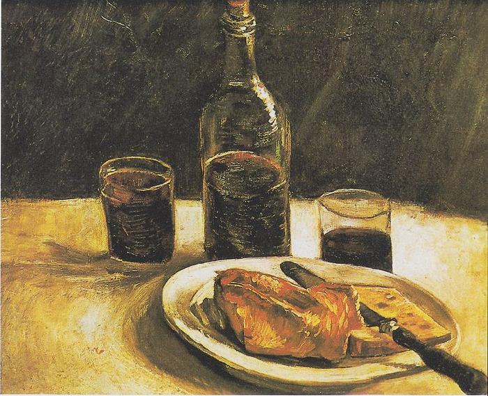 Vincent Van Gogh Still life with bottle, two glasses, cheese and bread oil painting image
